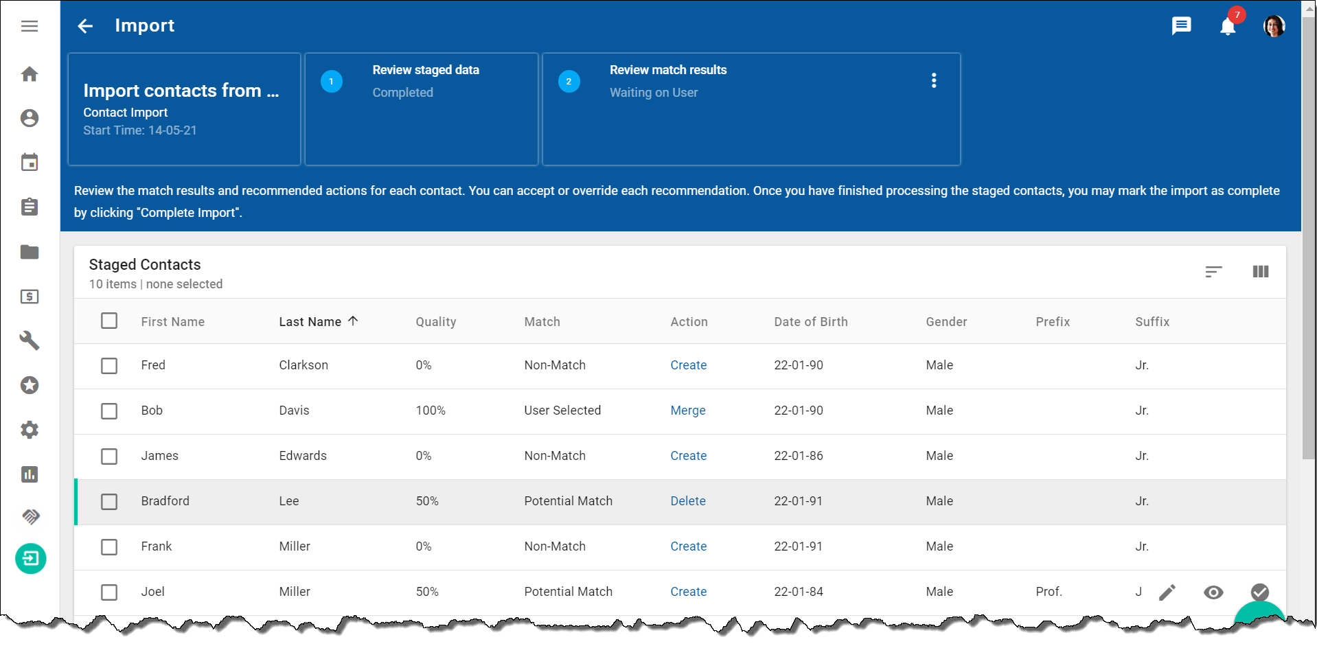 Match results and actions