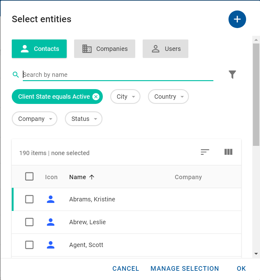 Select entities dialog