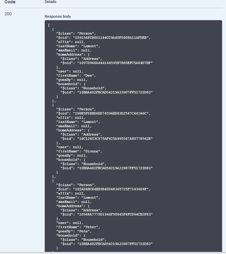 Reponse dislplays attibutes and values for Lamont contacts