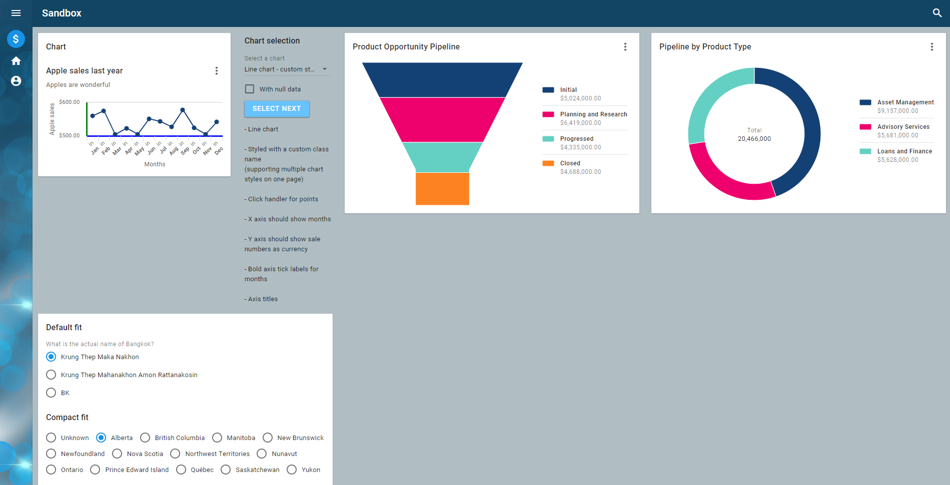 Sandbox workspace with 3 column layout