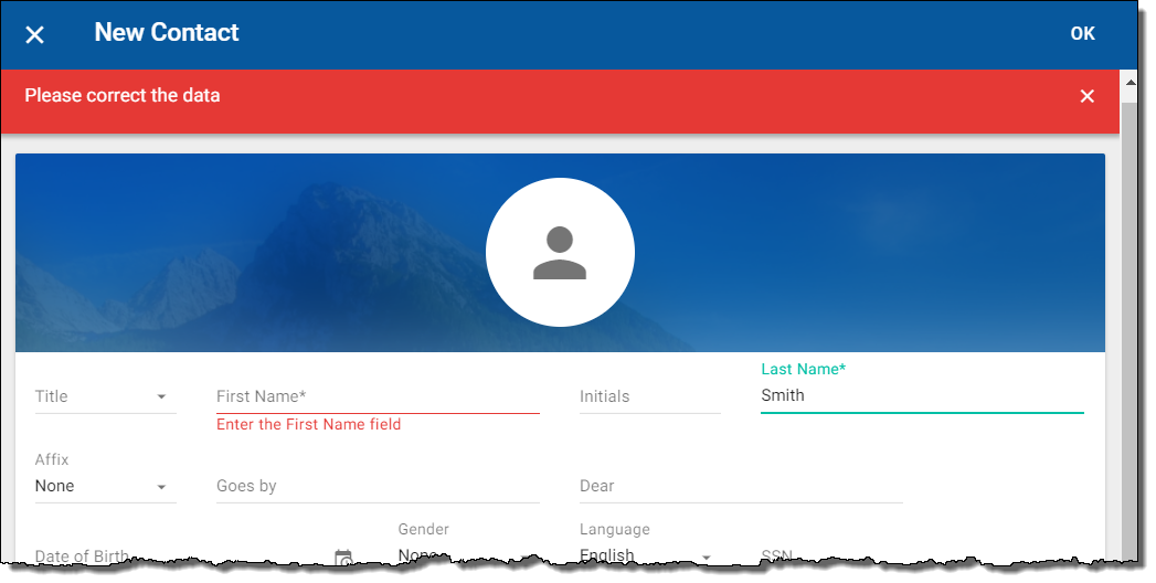 Example error message