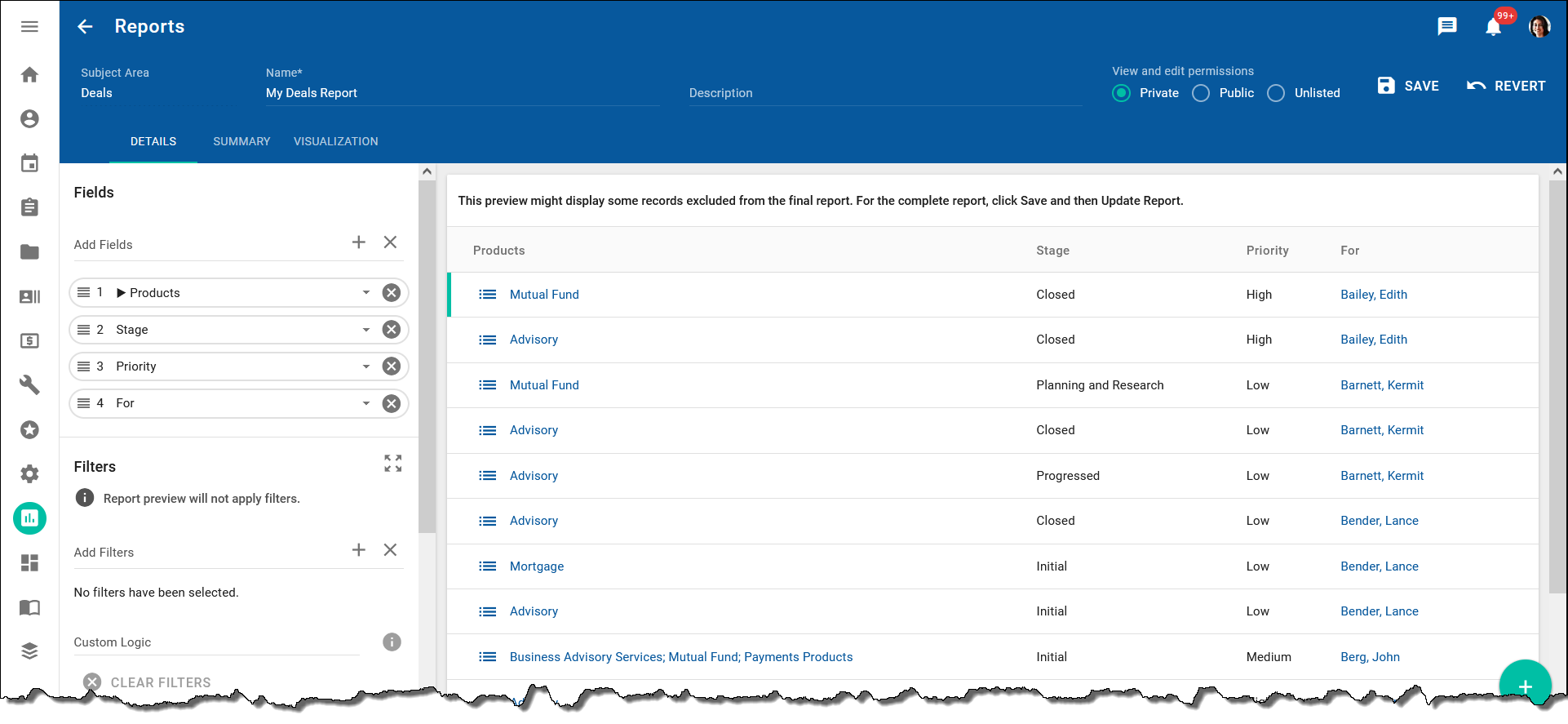 Collections in the preview data table example