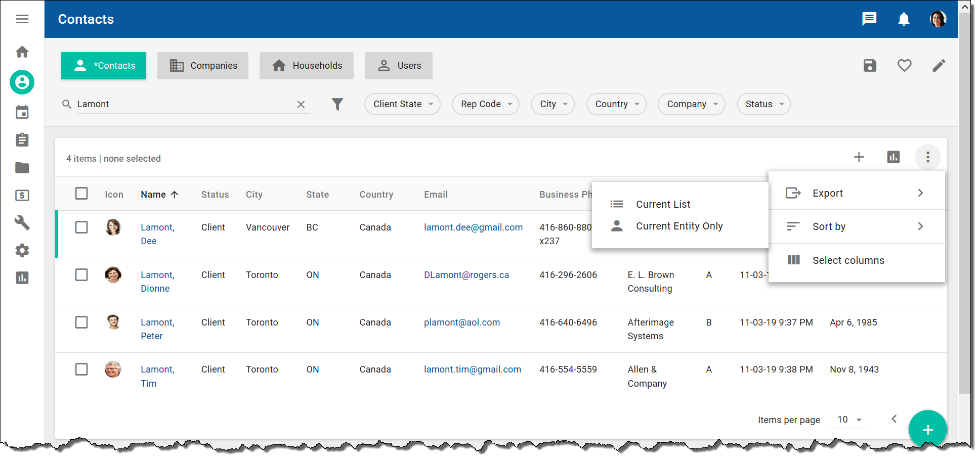 Exporting entity data records