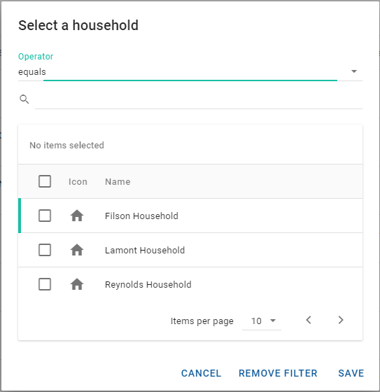 Select a household dialog