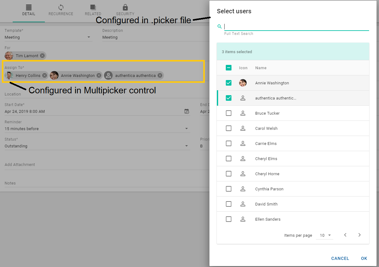 Multi-item pickers use a MultiPicker control