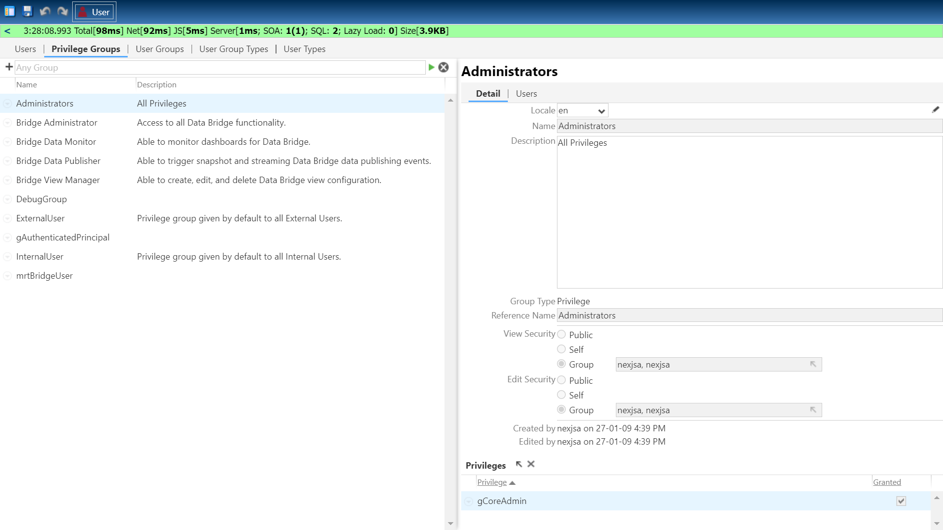 Data Bridge privilege groups
