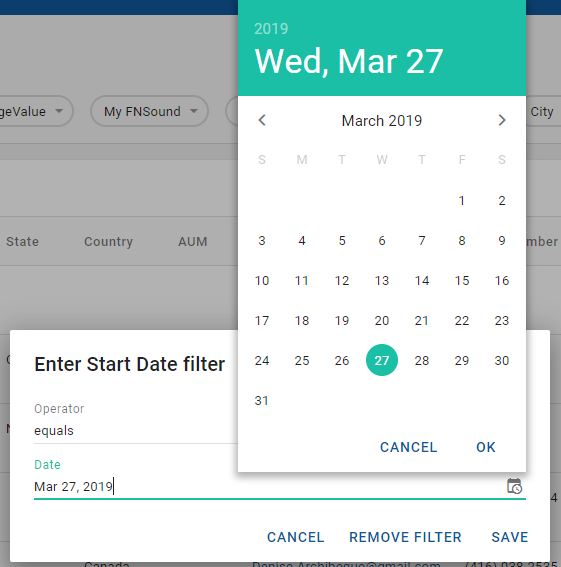 Start date filter dialog