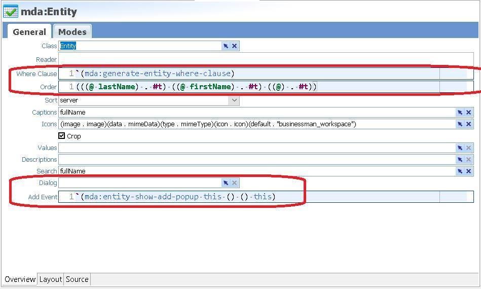 Dialog, Add Event, Where Clause, and Order fields in the UI editor