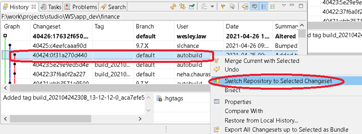 Switching the repository to the selected changeset