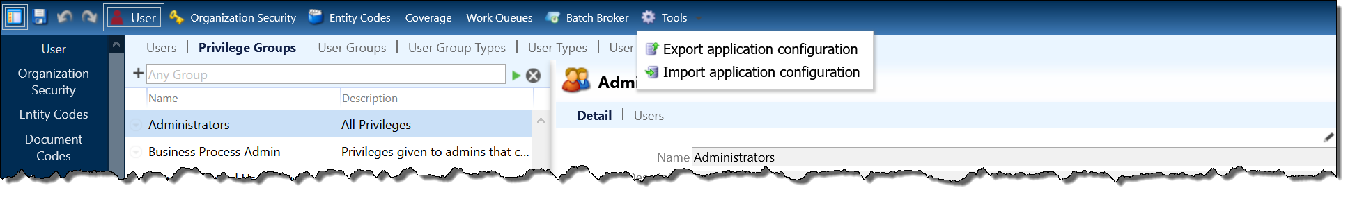NexJ Admin Console showing Tools menu options
