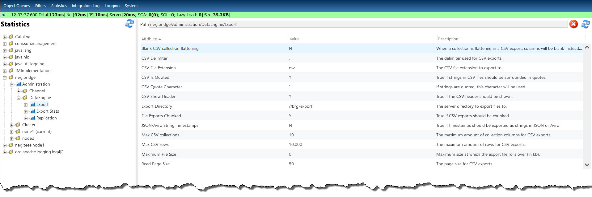 Data Bridge System Admin Console export settings