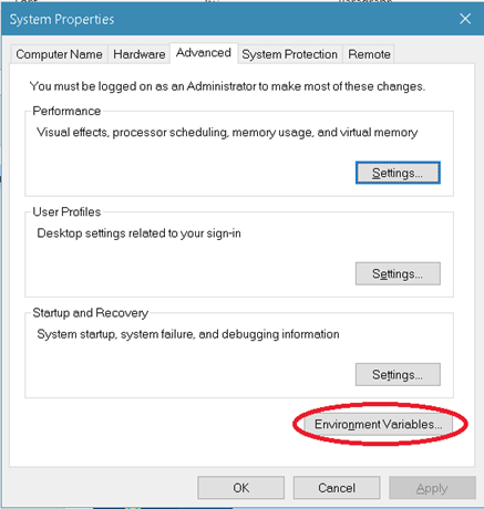 Advanced tab in the System Properties dialog