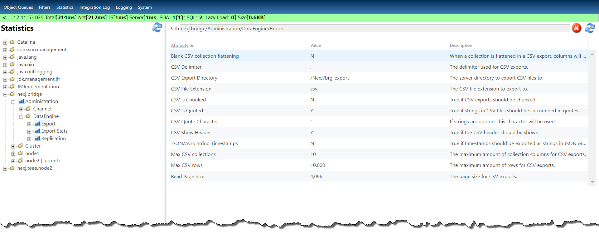 CSV export settings in Data Bridge System Admin Console