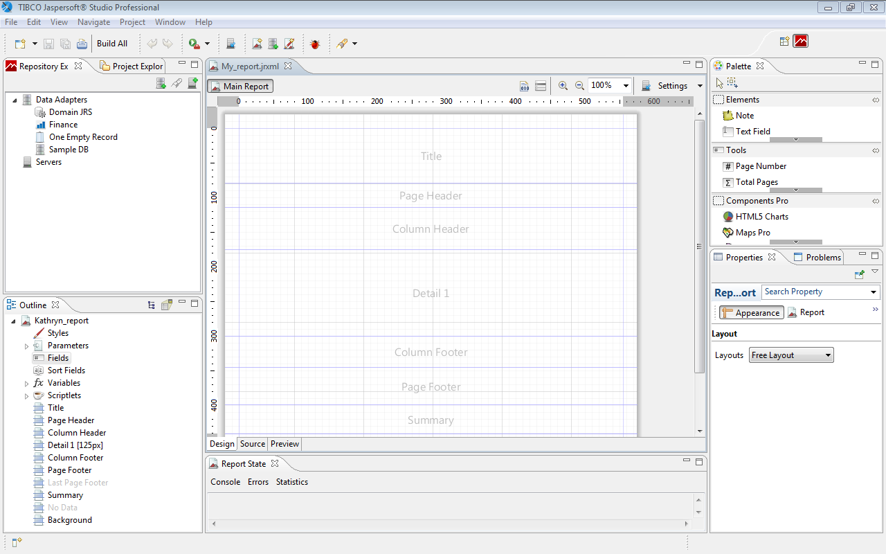 Jaspersoft Studio Professional user interface example